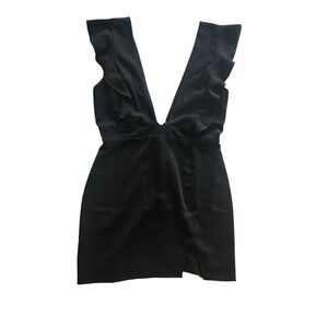 Superdown Black Ruffle Deep V-Neck Mini Dress Sleeveless Cocktail Party Size L